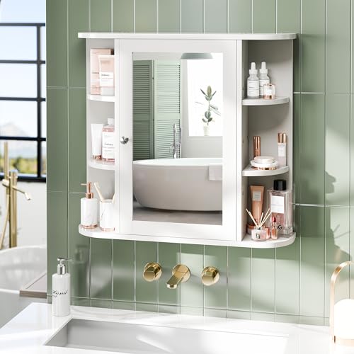 Meilocar Bathroom Mirror Cabinet Wall Mounted, Bathroom Medicine Cabinet with Mirror and 6 Open Shelves, White Bathroom Wall Cabinet Medicine Cabinet for Bathroom Laudry Room, White