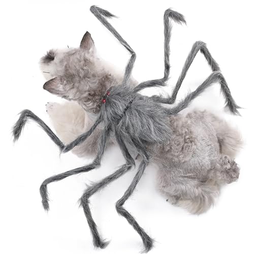 Halloween Spider Costume for Dog Cat, Grey and Black, with 8 Legs, Adjustable Party Decoration, Size Large