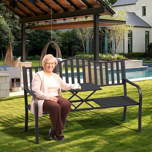 SHGJ&SOFT Outdoor Bench, Garden Bench, Cast Iron Metal Frame Patio Park Bench with a Small Table, for Porch, Lawn, Garden, Yard (D2644BK-1)