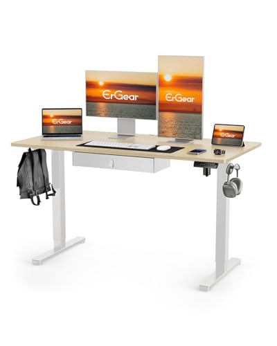 ErGear Electric Standing Desk with Drawer, 48 x 24 Electric Stand Up Desk, Ergonomic Adjustable Table with Storage, Computer Workstation with Cable Management, Headphone/Bag Hooks, Home Office, Maple