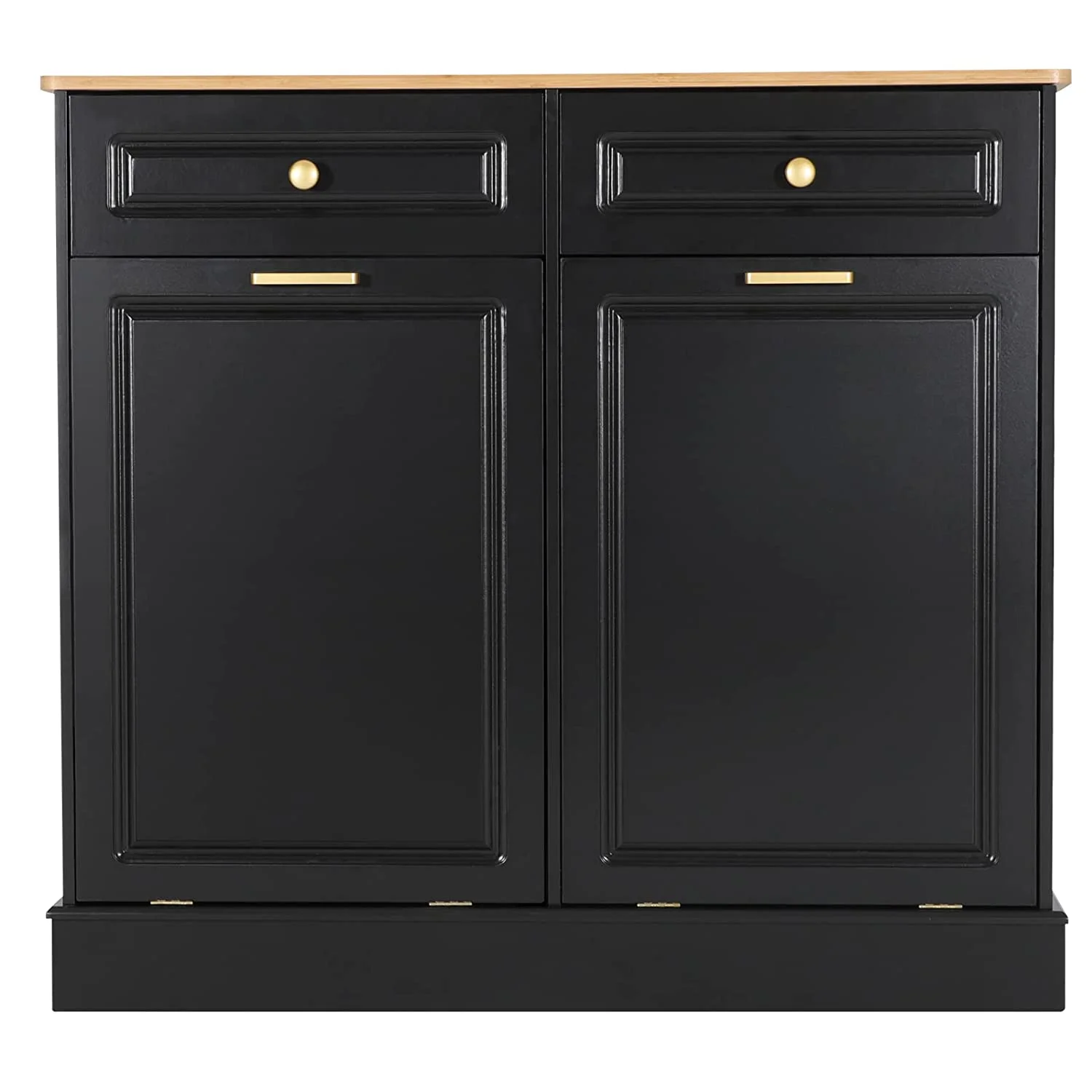 GEROBOOM Double Kitchen Trash Cabinets Two Tilt Out Trash Cabinets with Solid Hideaway Drawers Free Standing Wooden Kitchen  Recycling Cabinet  Holder (Black)