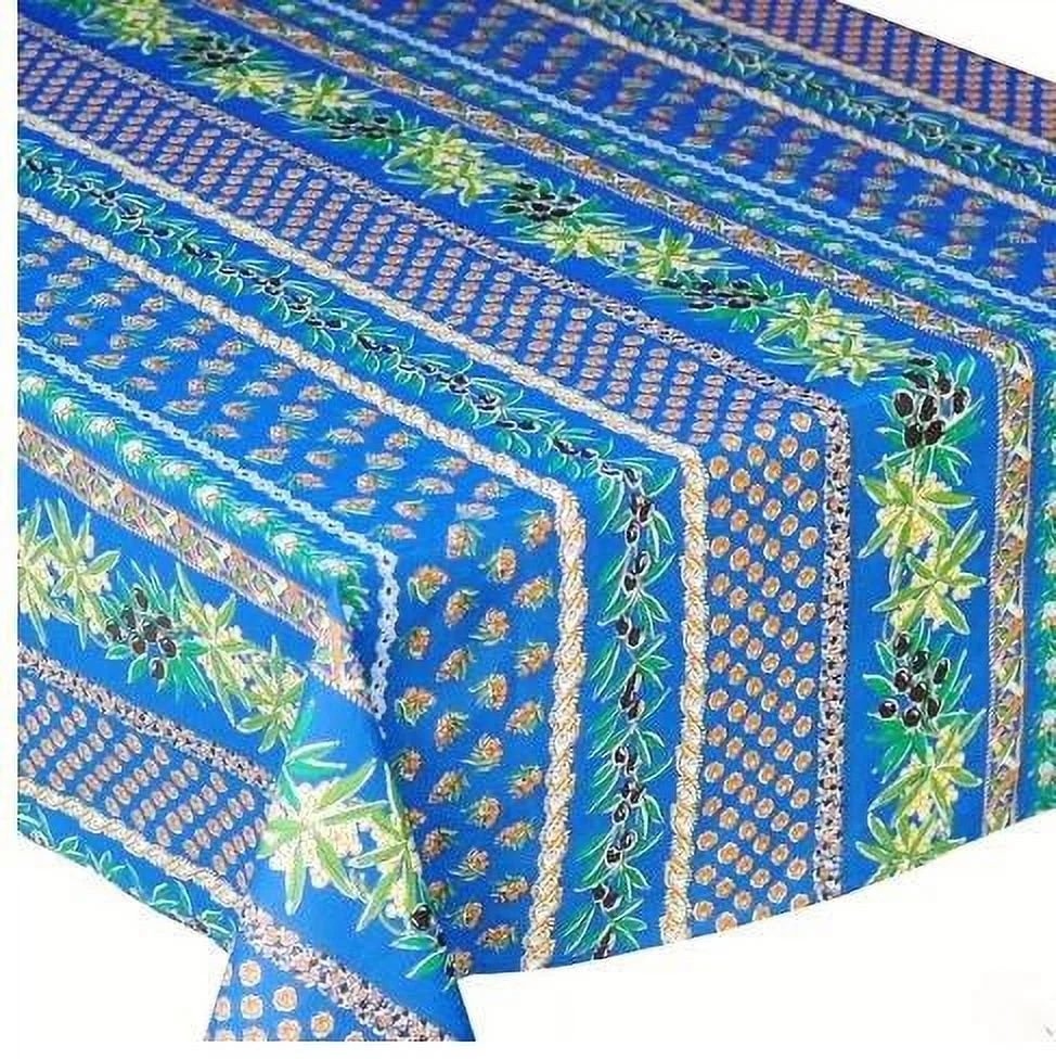 Le Cluny Olives and Mimosas Blue Coated Cotton Tablecloth 60”x120”