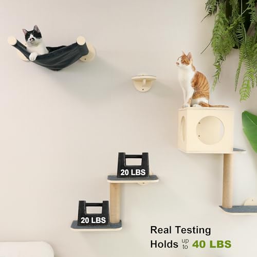 FUKUMARU Cat Wall Shelves, 5-Piece Stable Wooden Wall-Mounted Furniture Set, Kitty Climber with Hammock, House, Steps, Scratching Post (Gray)