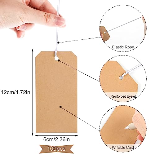 100pcs Large Price Tags with String Attached White Hang Paper Tags with Elastic String Reinforced Hole Writable Gift Tag Inventory Tag Stocking Stuffers 4.76''×2.36''