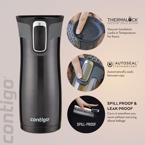 Contigo West Loop Autoseal Travel Mug, Stainless Steel Thermal Mug, Vacuum Flask, Leakproof Tumbler, Coffee Mug with BPA-Free Easy-Clean Lid