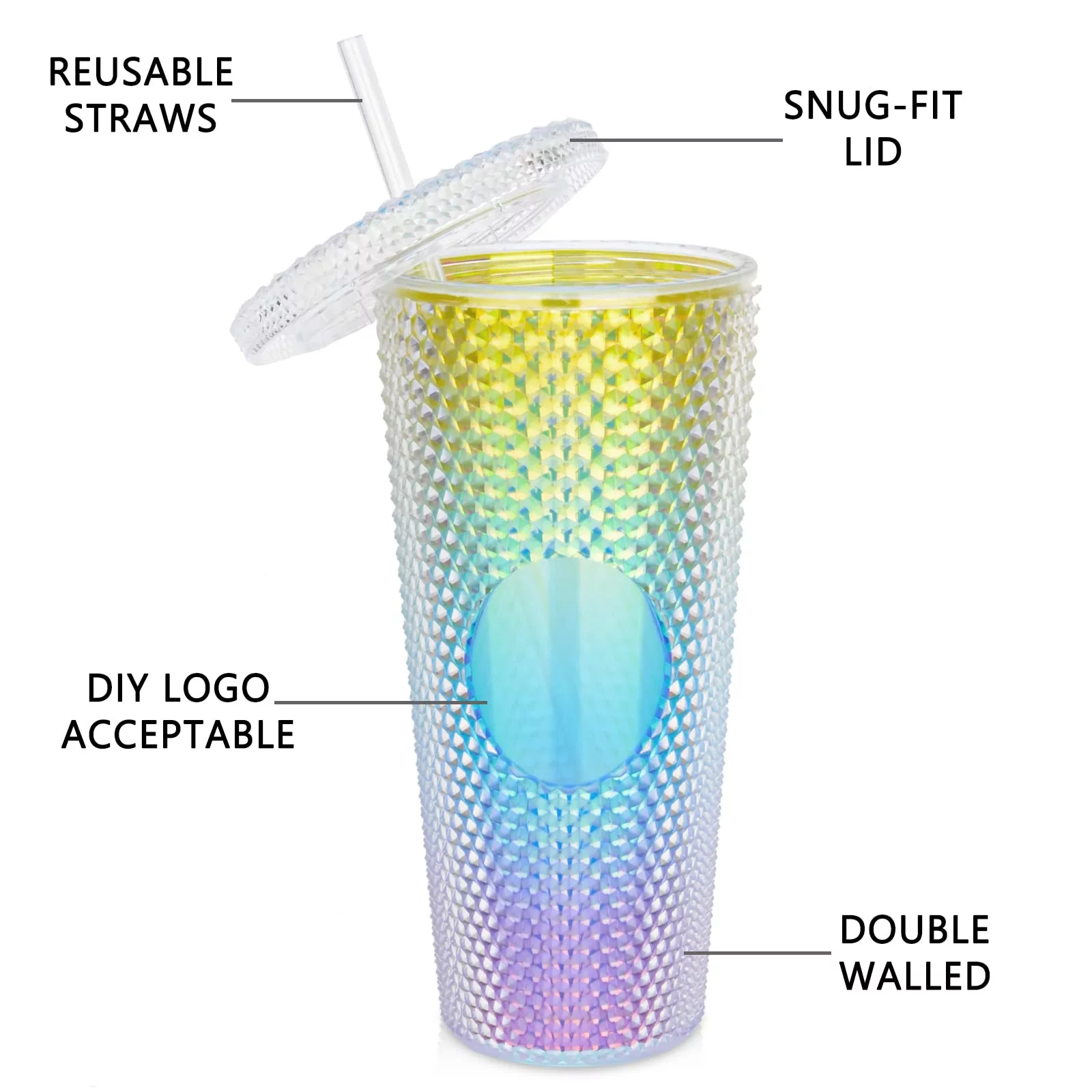 IMMEKEY Studded Tumbler with Straw, Double Walled Iridescent Travel Tumbler/Straw Cup BPA Free, 24oz Capacity (Clear Red)