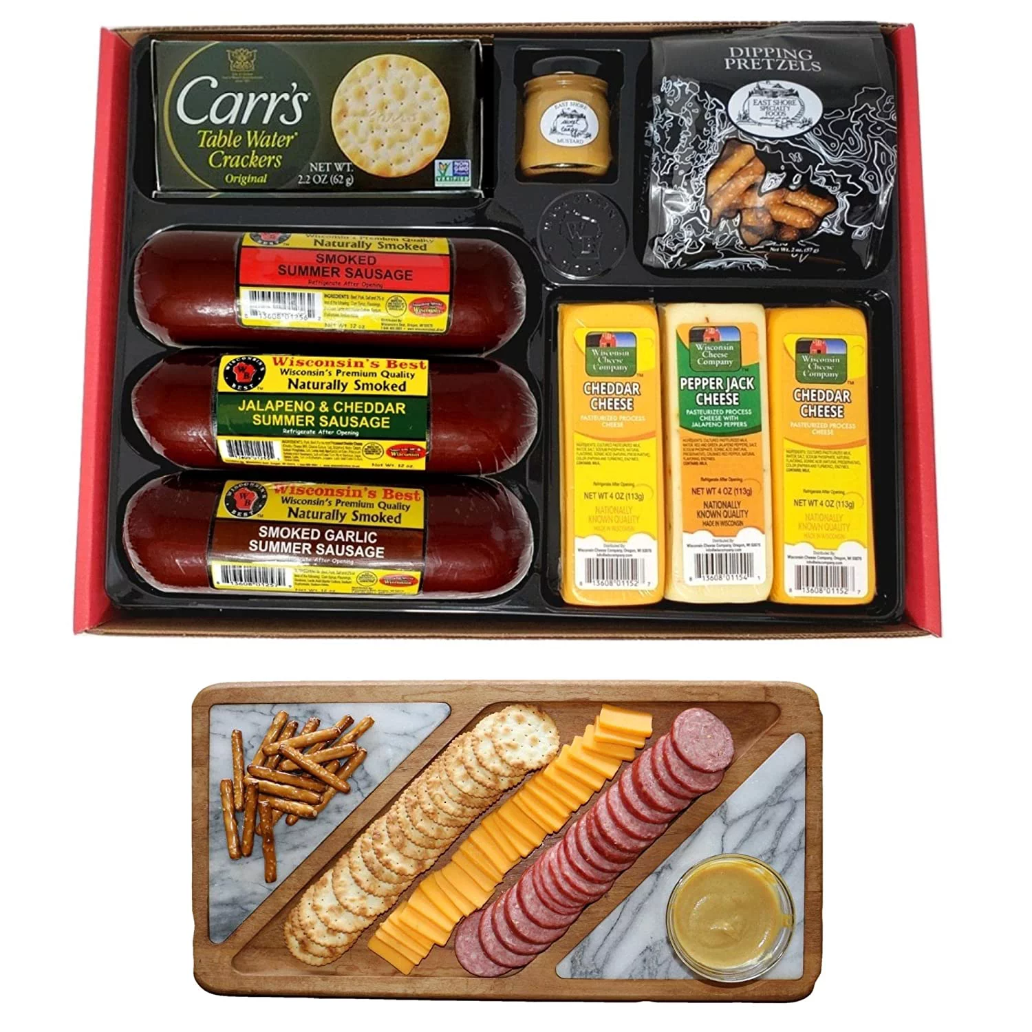 Ultimate Gift Basket with Smoked Summer Sausages, 100% Wisconsin Cheese, Crackers, Pretzels, and Mustard. Perfect for Holiday Gifts, Business Gifts & Entertaining!