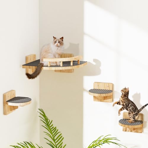 4 Packs Cat Wall Shelves, Corner Climbing Shelf Perches, Cat Bed Wall Mounted with 3 Steps, Wall Furniture for Resting Space Saving, Gift for Medium/Small Cats