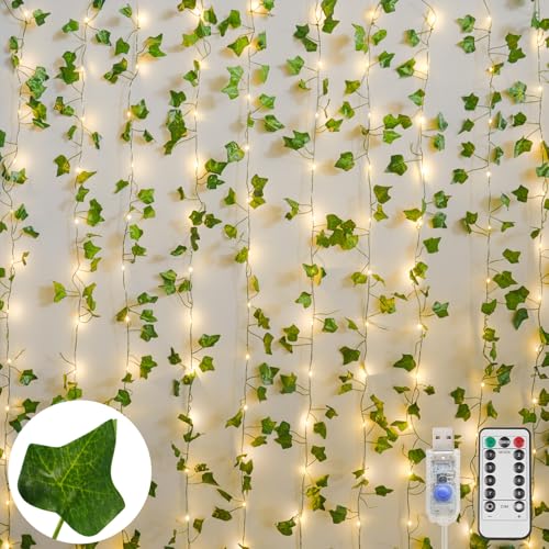 suddus 200 LED Vine with Light Plug in, 6.5ft x 6.5ft Pothos Fairy Curtain Lights with Remote, Leaf Fairy Lights for Wall,Bedroom, Dorm, Wedding, Party, Indoor Decor(Warm White)
