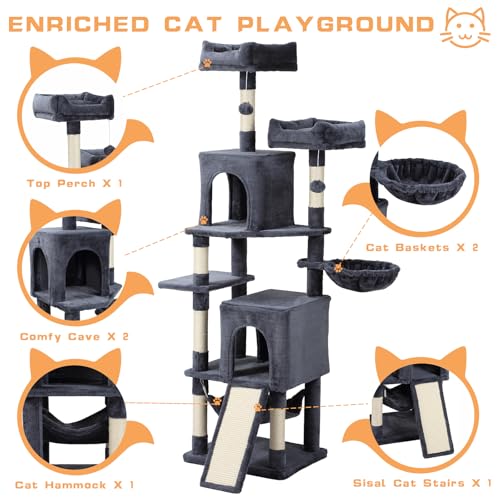 Cat Tree, 70-Inch Cat Tree Tower with Hammock, Scratching Post, Condo and Multi-Level Cat Tower, Large Cat Activity Center Playhouse, Light Gray LCT015