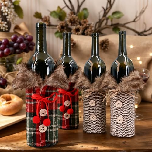 4 Pieces Christmas Wine Bottle Cover Set with Burlap and Plaid Faux Fur Designs Wine Bottle Sweater Clothes for Xmas Wedding Birthday Holiday Party Decorations
