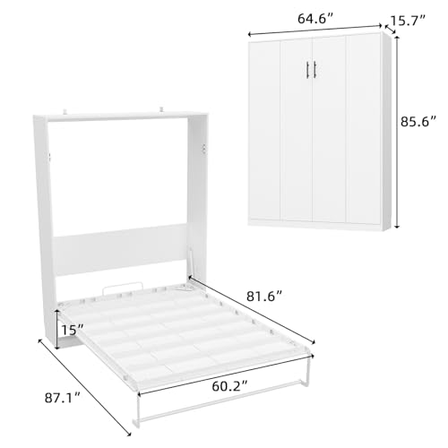 Queen Size Murphy Wall Bed, Modern Space-Saving Murphy Bed Cabinet Foldable Platform Bedframe for Guest Room Home Office, White 87.1”L x 64.6”W x 85.6”H