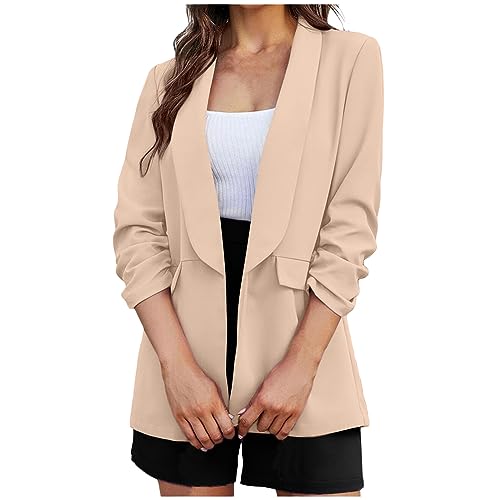 Women's Fashion Business Suit Jacket 2024 Fall Casual Solid Ruffle 3/4 Sleeve Cardigan Jacket with Pockets