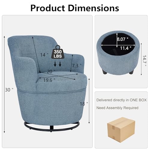 360° Swivel Accent Chairs with Ottoman, Modern Comfy Fabric Barrel Living Room Chair, Leisure Bedroom Armchair with Footstool, Blue