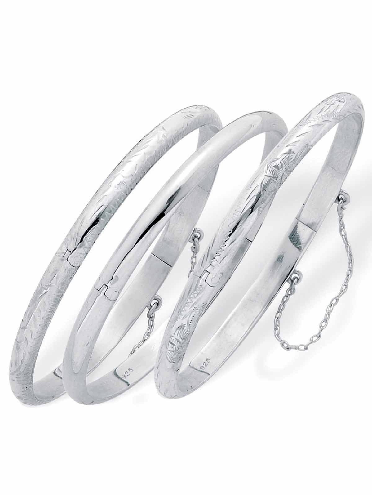 PalmBeach Jewelry Polished, Engraved and Floral Three-Piece Bangle Set in Yellow Gold-Plated or Sterling Silver