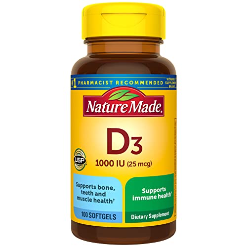 Nature Made Vitamin D3 1000 IU (25 mcg), Dietary Supplement for Bone, Teeth, Muscle and Immune Health Support, 180 Softgels, 180 Day Supply