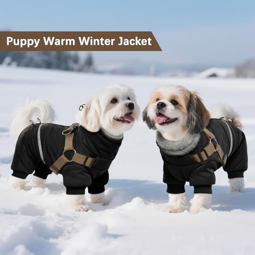 BRKURLEG Black Dog Coat with Harness, Dog Winter Jacket, Dogs Onesie Body Warm Jackets, Small Dogs Winter Coats Reflective Windproof Warm Cold Weather Coats, Pet Waterproof Jacket Hiking XL