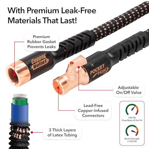 Pocket Hose Copper Bullet Expandable Garden Hose 25 FT w/10 Pattern Thumb Spray Nozzle AS-SEEN-ON-TV 650psi 3/4 in Patented Lead-Free Ultra-Lightweight Solid Copper Anodized Aluminum Fittings No-Kink