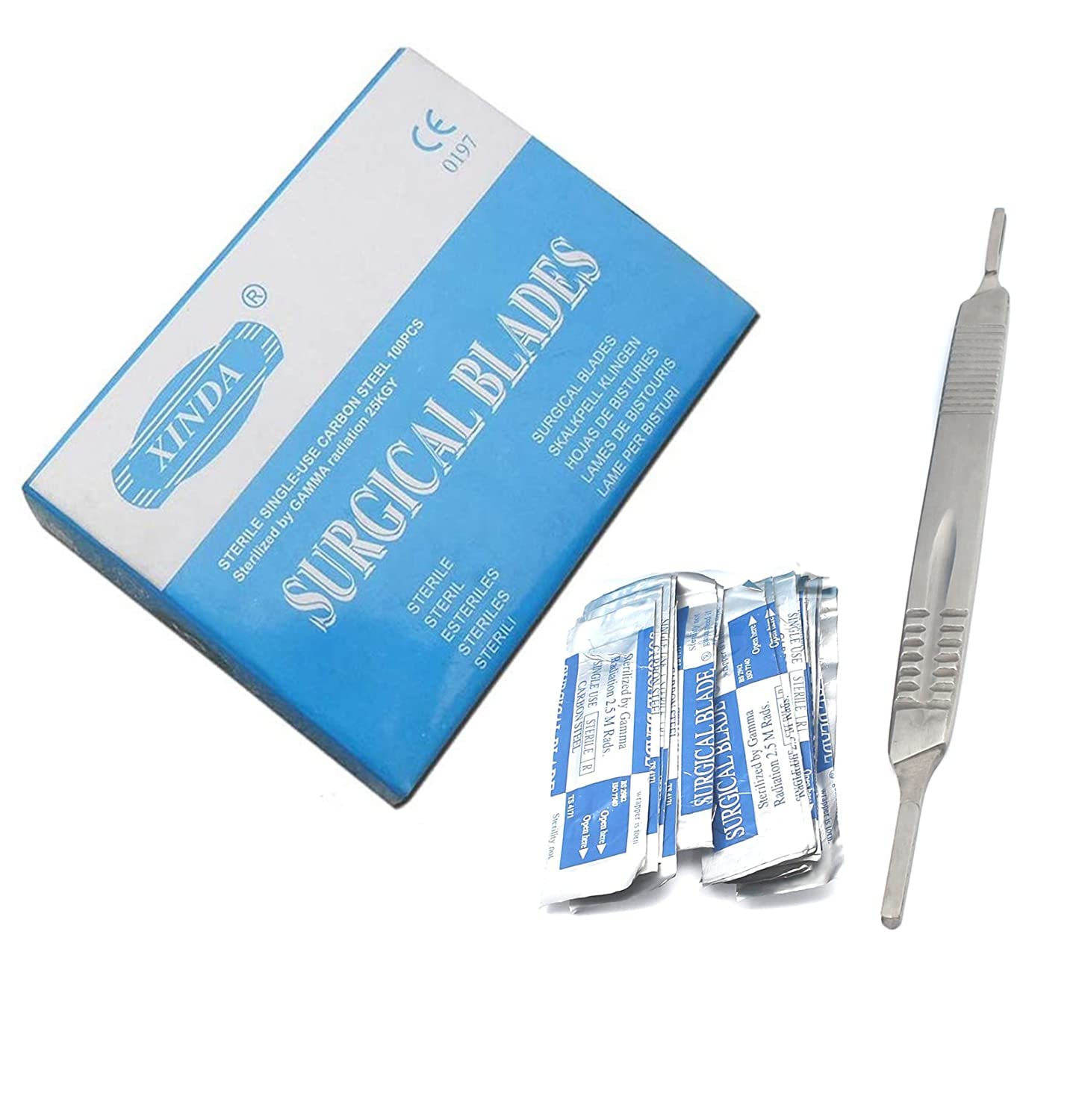 OdontoMed2011 1 Scalpel Knife Handle # 3 & 4 with 100 Pieces Carbon Steel Scalpel Blade STERILE #10#15#20#21 ODM