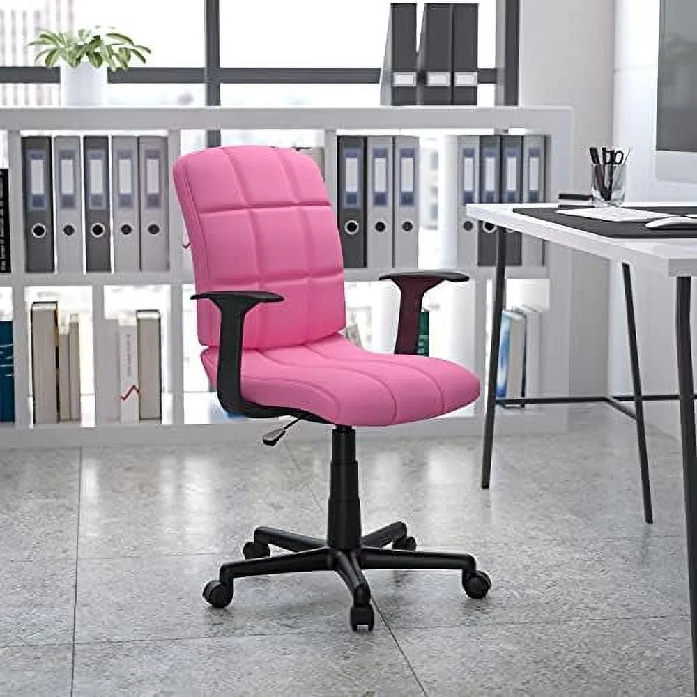 TJUNBOLIFE Mid-Back Pink Quilted Vinyl Swivel Task Office Chair with Arms
