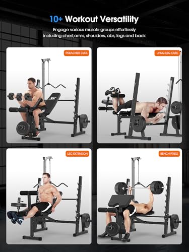 JX FITNESS Olympic Weight Bench with LAT Pulldown Pulley System and Preacher Curl Pad, Workout Bench Press Multi-Function Weight Lifting Gym/Home Gym