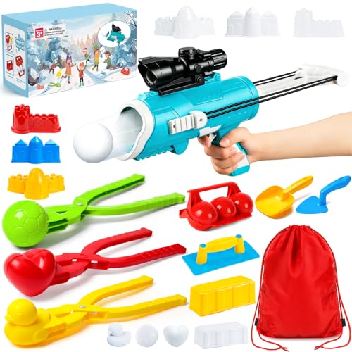 DISHIO Snowball Maker Kit, Snow Ball Maker Toys for Kids Winter Toy with Snowball Blaster Launcher, 3 Duck Shaped Clips, Molds, Snow Shovel, Carry Bag, Outdoor Snow Fight Toys for Kids and Adults