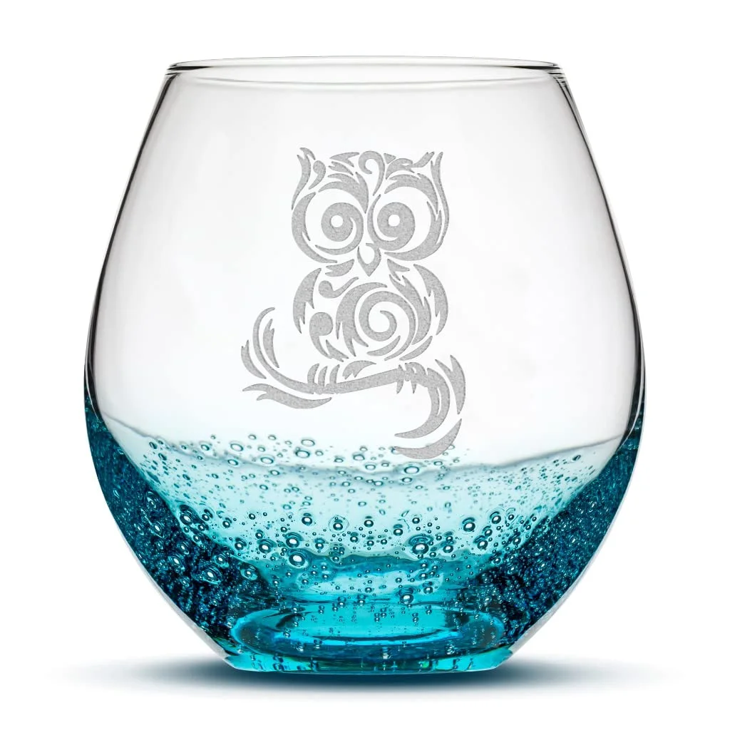 Tribal Owl Design Stemless Wine Glass, Handmade, Handblown, Hand Etched Gifts, Sand Carved, 18Oz (Bubble Turquoise)