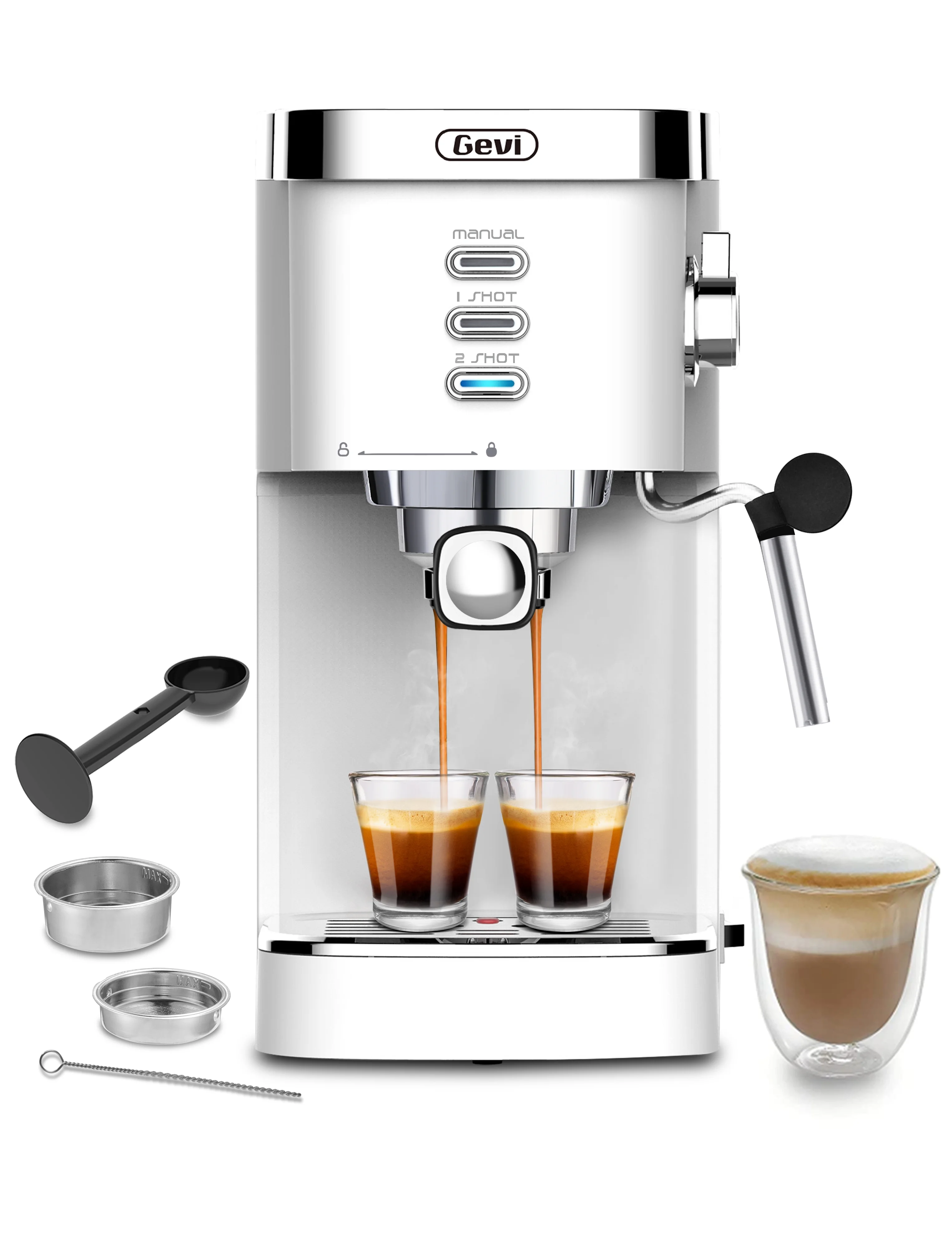Gevi Espresso Machine 20 Bar Automatic Coffee Maker with Milk Frother Wand, 40.58 oz, New, White