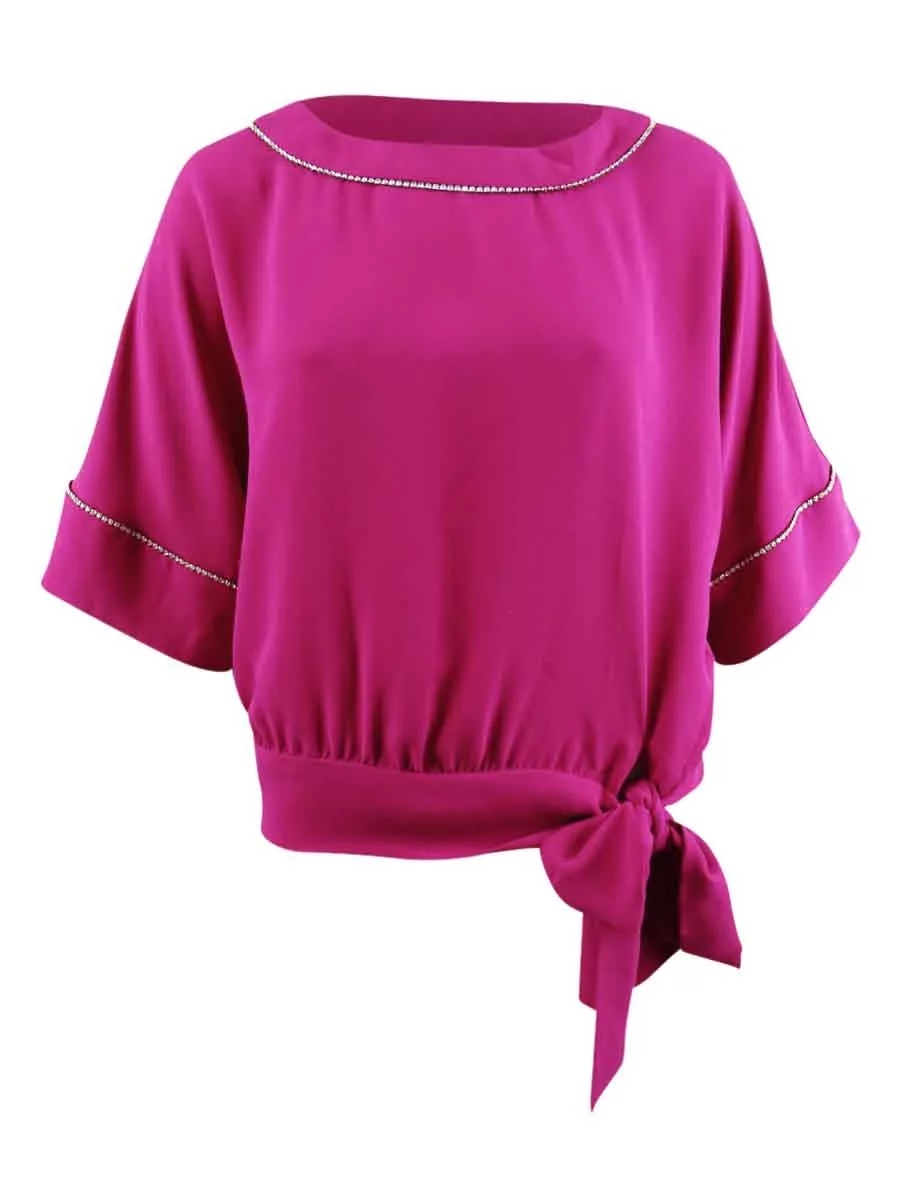 Trina Turk Women's Mai Rhinestone-Trim Tie-Hem Top (L, Fuschia)