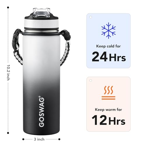 GOSWAG Insulated Sports Water Bottle, 24oz 2 Lids(with Straw/No Straw), Stainless Steel Water Bottles with Paracord Handle, Insulated Thermos with Double-Wall Vacuum Insulation