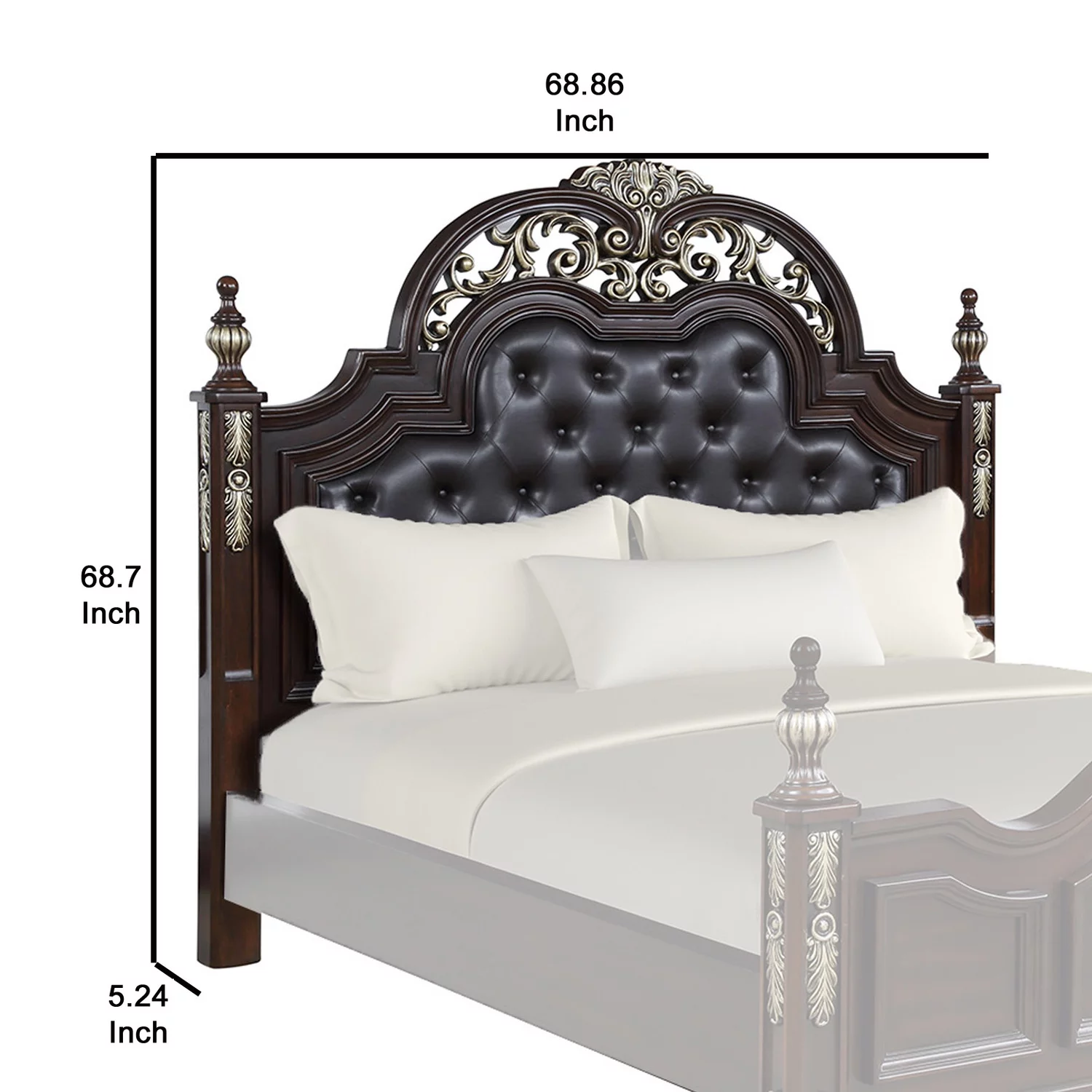 Benjara BM219491 Leatherette & Wood Queen Headboard with Carving & Mirror Inlay, Brown