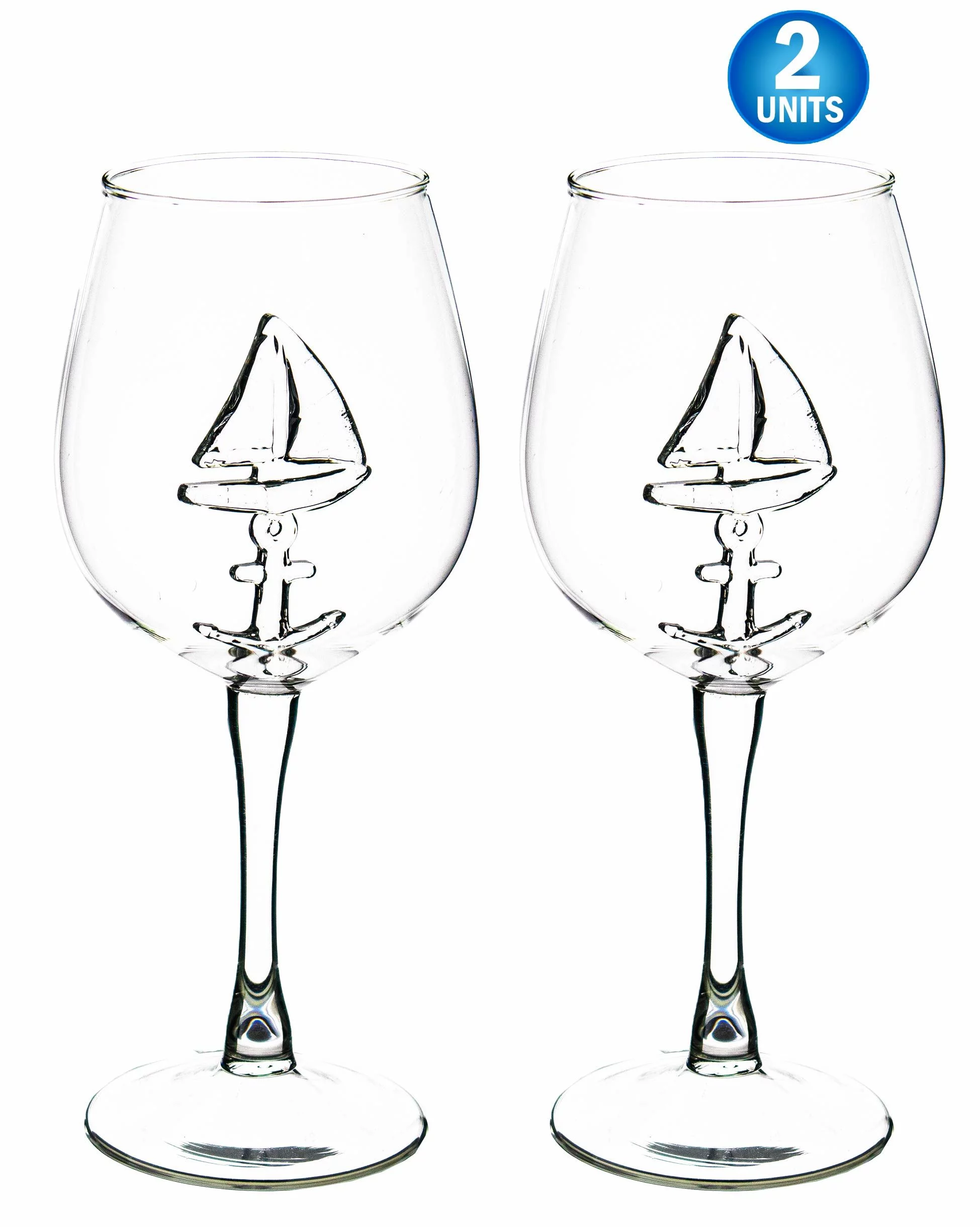 Sail Boat Wine Glass with 3D Sailboat and Nautical Anchor Design - 2 PC SET 350ml Stemmed - Unique Sea-Themed Wine Stemware for Drinking Wine, Boating, and Sailing