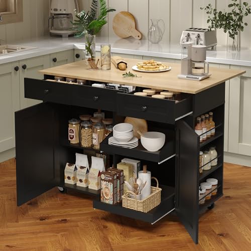 GarveeHome Rolling Kitchen Island Cart with Power Outlet & Drop Leaf, Kitchen Storage Cabinet On Wheels with 3 Drawers, Spice Rack & Towel Rack, Mobile Island Table for Kitchen, Black