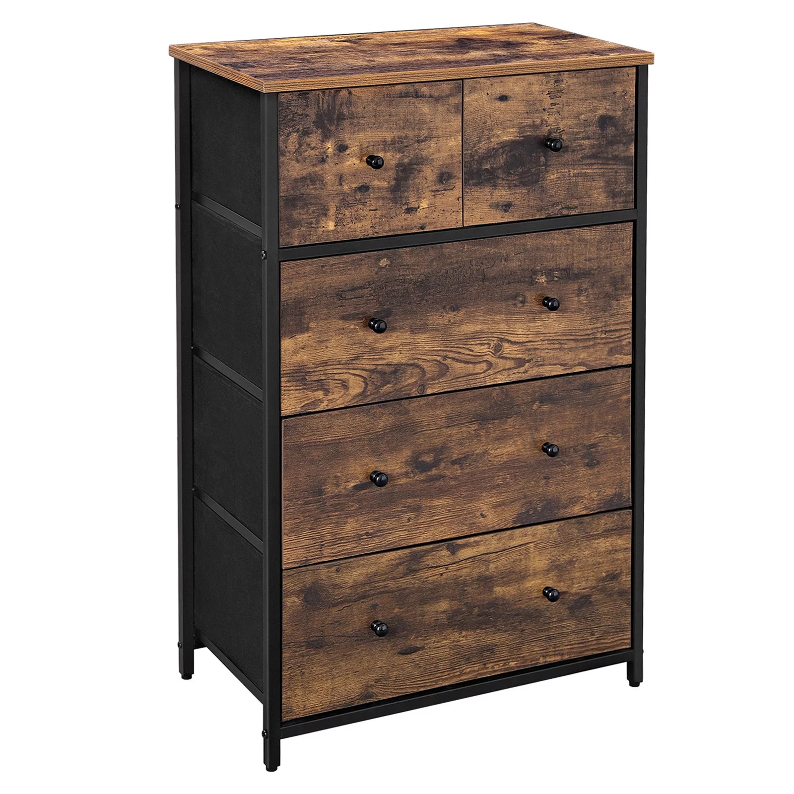 SONGMICS Drawer Dresser, Storage Dresser Tower with 5 Fabric Drawers, Wooden Front and Top, Industrial Style Dresser Unit, for Living Room, Hallway, Nursery, Brown and Black