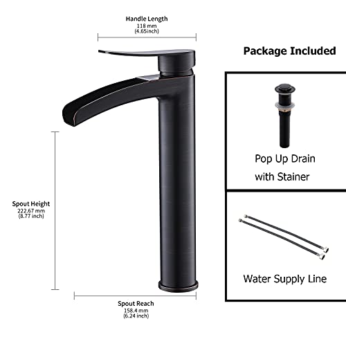 Phiestina Brushed Gold Tall Bathroom Vessel Sink Faucet, Single Hole Single Handle Waterfall Modern Bathroom Faucet, with Pop Up Drain and Water Supply Line, NS-SF01-BG-V