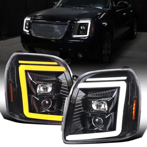 Fits 2007-2014 GMC Yukon XL 1500 2500 Upgraded LED Tube Switchback Sequential Turn Signal Projector Headlights Assembly Pair | Black Smoke