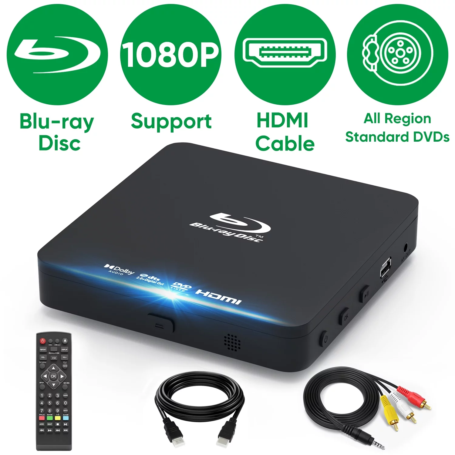Blu Ray DVD Player for TV with HDMI, Mini 1080P Blue-Ray Disc Player for Home Theater Portable CD Player