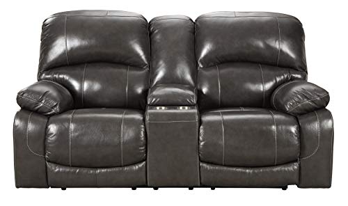 Signature Design by Ashley Jesolo Modern Faux Leather Manual Pull Tab Double Reclining Sofa, Dark Brown