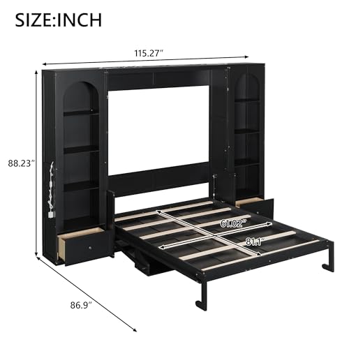 Queen Size Murphy Bed with Sofa, Shelves, USB & Light, Can be Folded Wall Bed and Tall Cabinet with Glass Doors& Wine Rack, Space-Saving Design (White-5.28, Queen)