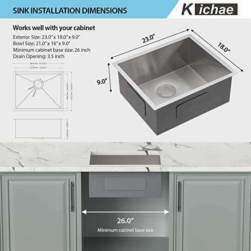Kichae 12“ Deep Laundry Sink Undermount - 24 Inch Black Undermount Utility Sink Stainless Steel Single Bowl Under Counter Handmade Laundry Utility Room Basin