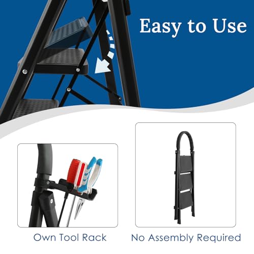Step Ladder 3 Step Folding, 330lbs Load Capacity 3 Step Ladder with Handrails, Step Stools for Adults with Anti-Slip Pedal, Lightweight Portable Step Stool Foldable for Household, Black