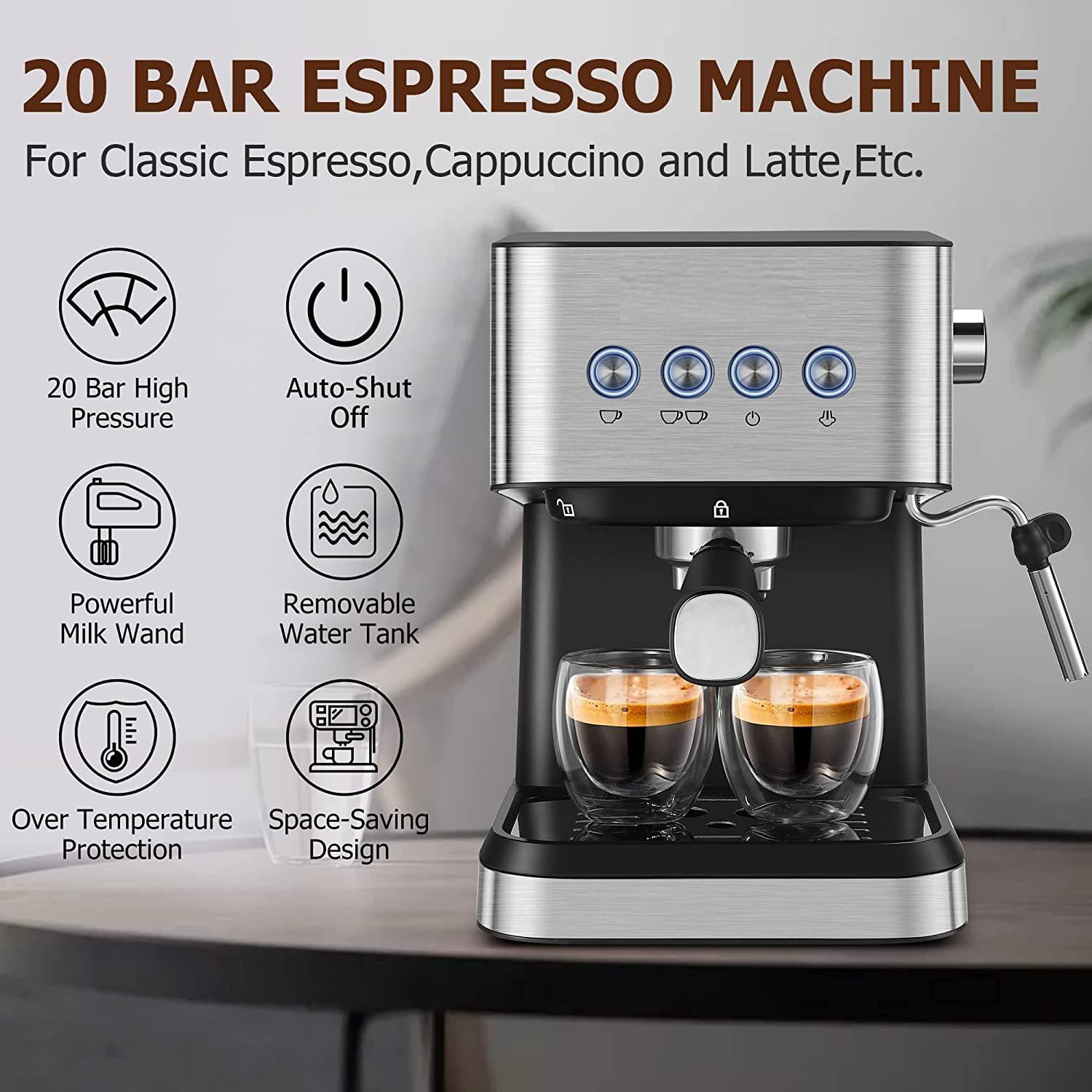 Coffee Espresso Machine, 20 Bar Semi-Automatic Espresso Machine with Milk Frother Steam Wand, Coffee Maker for Cappuccino, Latte, Espresso Machines for Home, 50oz Removable Water Tank