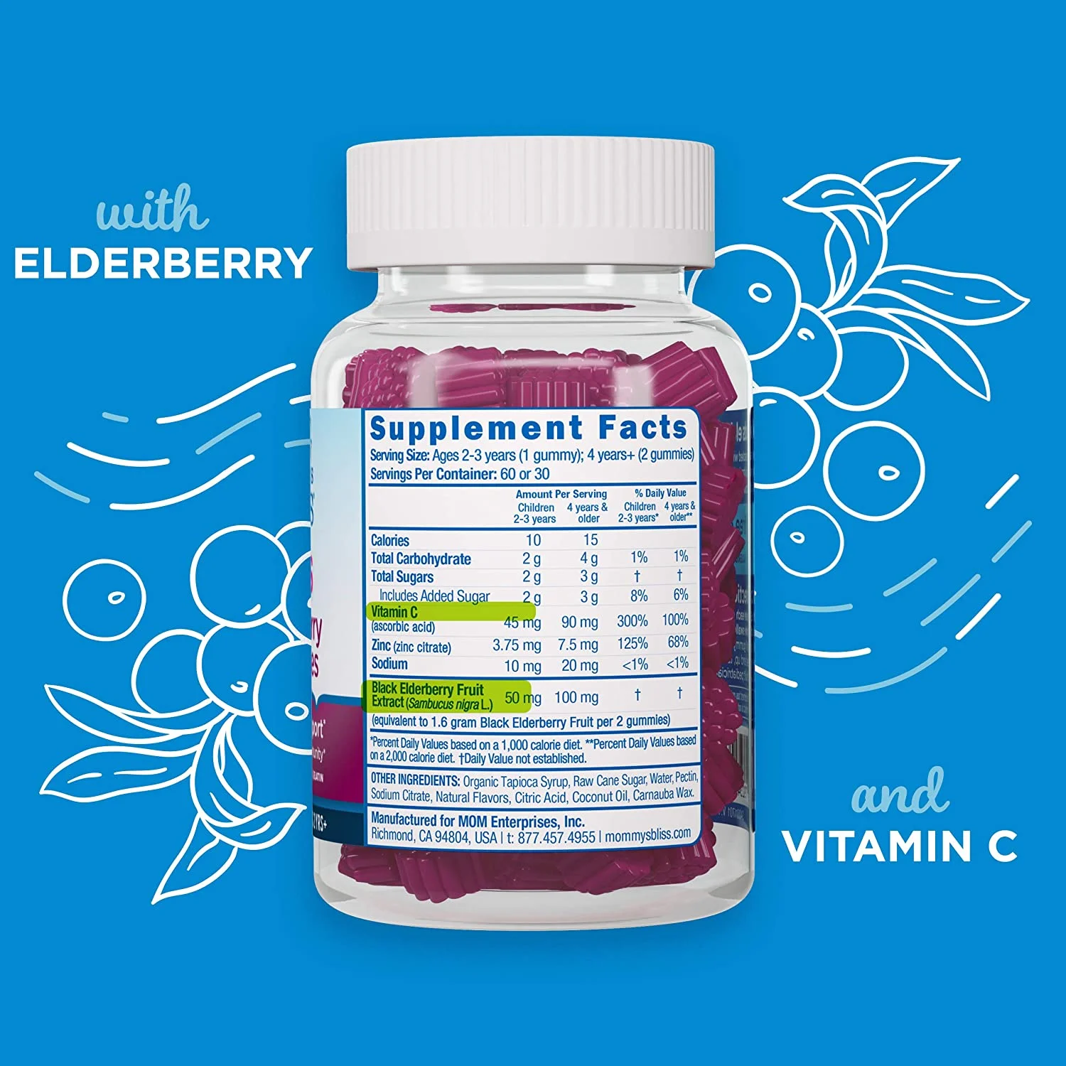Mommy's Bliss Kids Elderberry Gummies, Supports Immunity with Black Elderberry, Zinc & Vitamin C, Gluten Free & Vegan, Age 2 Years+ (60 Count)