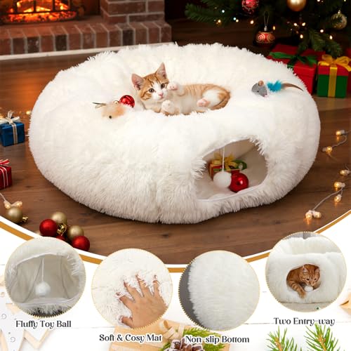 Thyle Christmas Cat Tunnel Bed 3ft x 3ft x 9.8in Under Christmas Tree for Indoor Cats Xmas Pet Donut Tunnel with Washable Cushion Foldable Round Pet Toy for Small Animals Kitten (Green)