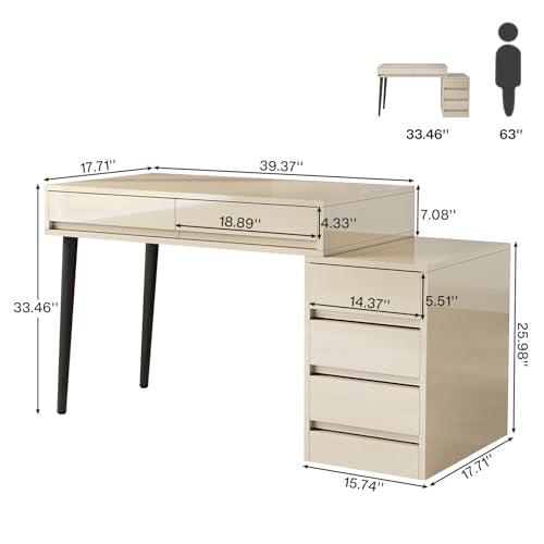 Tribesigns Gloss Desk with 5 Drawers, Modern Home Office Desk with Storage Drawers and Printer Stand, Reversible Computer Desk Vanity Desk for Bedroom, Living Room, Beige Glossy