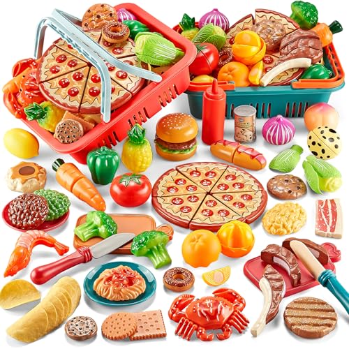Play Food Sets for Kids Kitchen-80PC Pretend Food with 2 Kids Picnic Basket, Toy Food with Pizza Toy, Plastic Food Cutting Toys, Play Kitchen Accessories - Fake Food, Boys Girls Toddlers Gifts