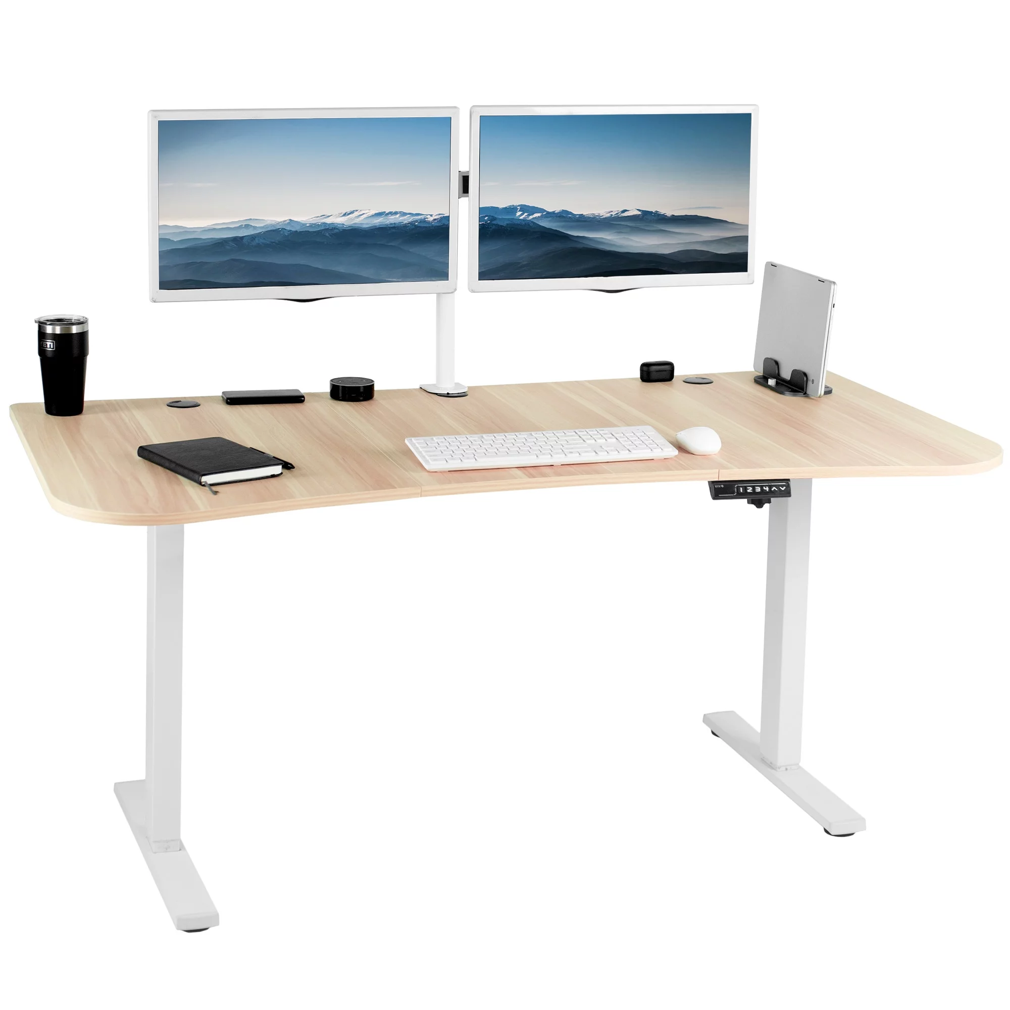 VIVO Electric 63” x 32” Stand Up Desk, Light Wood 3 Part Table Top, White Frame