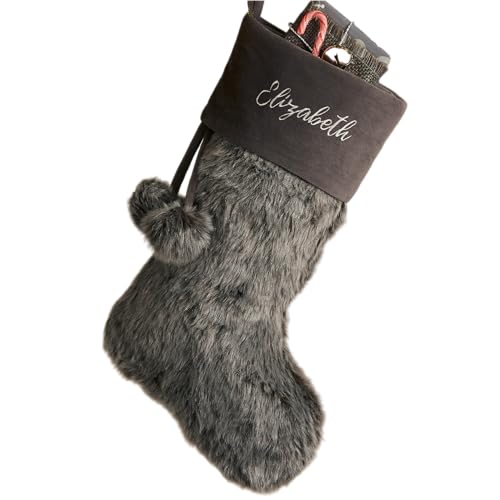 Personalization Universe Personalized Faux Fur Christmas Stocking in Grey - Customizable with Any Name or Monogram, Perfect for Holiday Decorations, 20