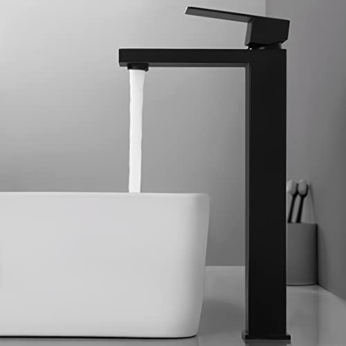 KES Vessel Sink Faucet, Black Bathroom Faucets, Tall Bathroom Faucets with Sink Drain with Overflow, L3156BLFF12-BK-C1