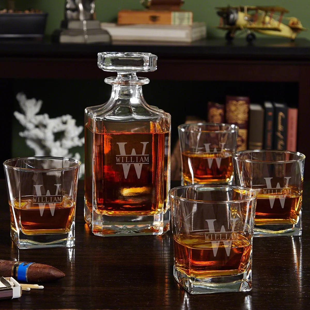 Oakmont Etched Whiskey Decanter Set with Square Rocks Glasses